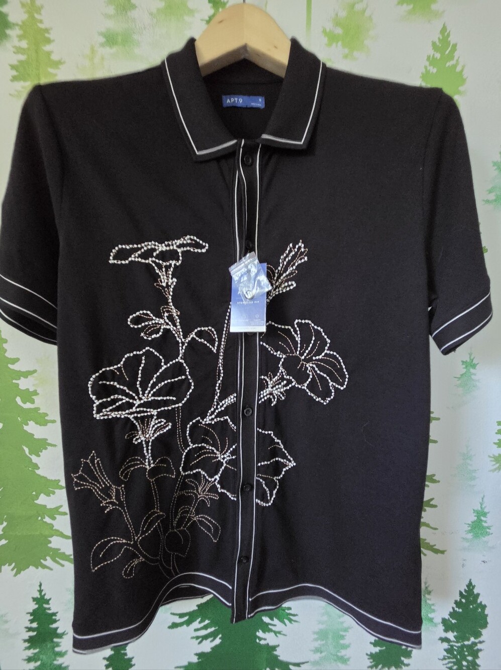 Apt. 9 Black Short-Sleeve Polo Shirt with Floral Embroidery